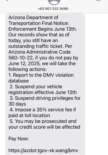screen capture of scam text